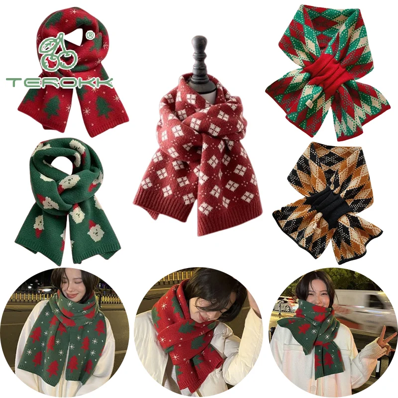 شجرة عيد الميلاد الأحمر وشاح محبوك تنوعا الخريف الشتاء الدافئة الرقبة حماية وشاح جو مباراة هدايا عيد الميلاد النسائية