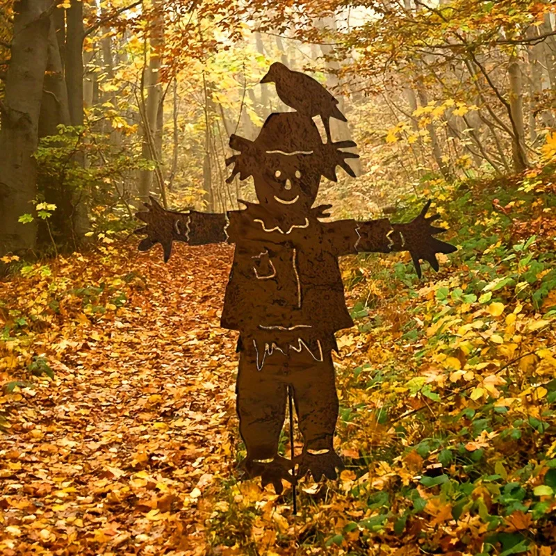 

Rustic Metal Scarecrow Garden Stake - Rusty Lawn Ornament For Fall & Halloween Decor, Outdoor Yard Art By