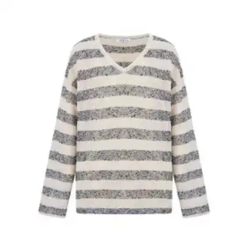 Women Hollow V Neck Striped Knit Top Thin Sun Protection Long Sleeve Casual Cover Up Blouse