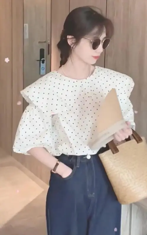 French Doll Collar Top Summer Women's Sweet Puff Sleeves Chiffon Design Niche White Polka Dot Short-Sleeved Shirt s362