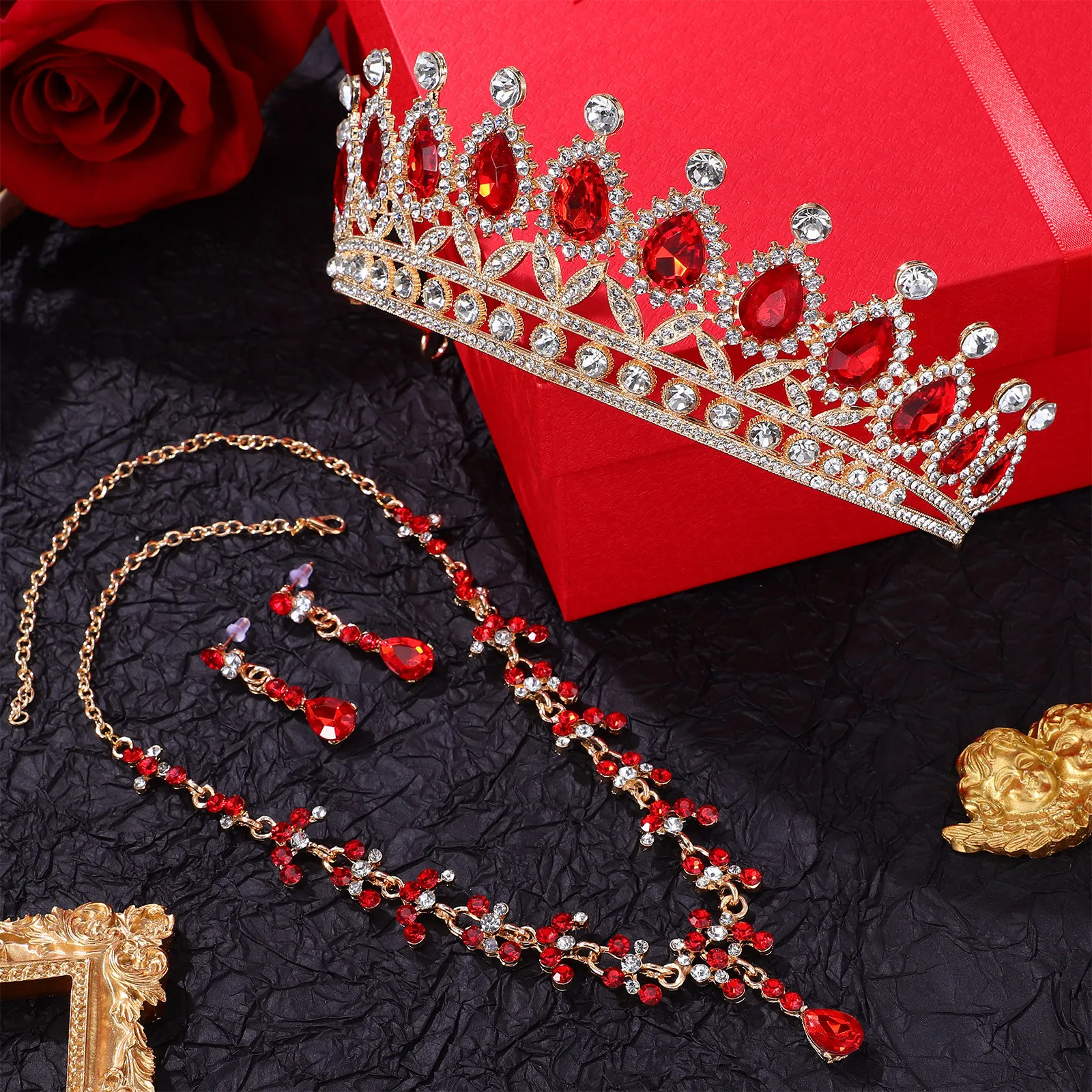 

1Set Rhinestones Wedding Crown Necklace Earrings Bridal Jewelry Tiara Bride Crowns Jewelry Sets Party Women Crowns for Women