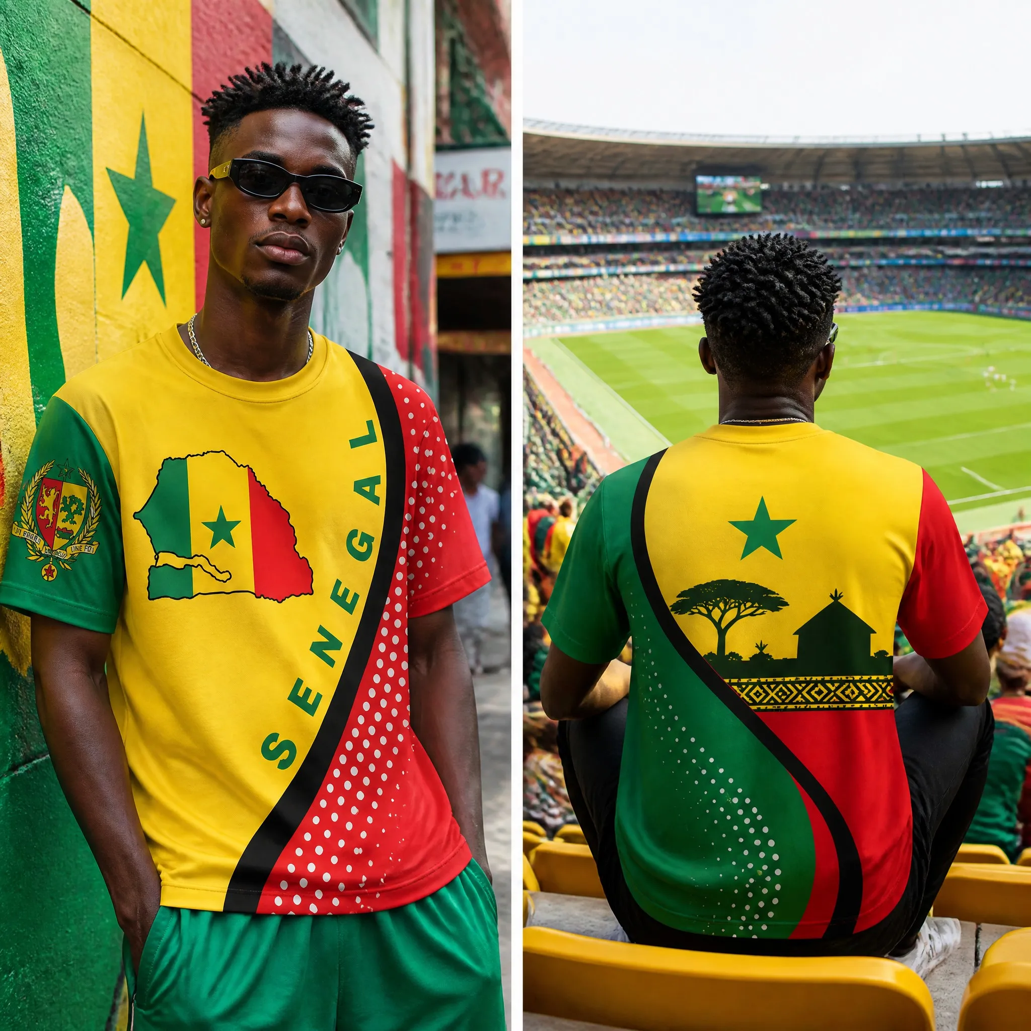 Senegal Mens Map Village Graphic Tee Yellow Colorblock Shirt Short Sleeve Football Fan Top Street Stadium Casual Wear Summer Fit