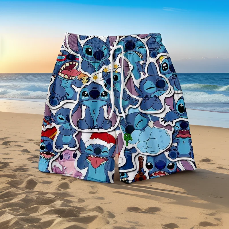 Disney Stitch Cartoon Sport Shorts Men\'s Summer Loose Home Pajama Pants Fashion Couple Seaside Vacation Beach Pant Swimsuit Male