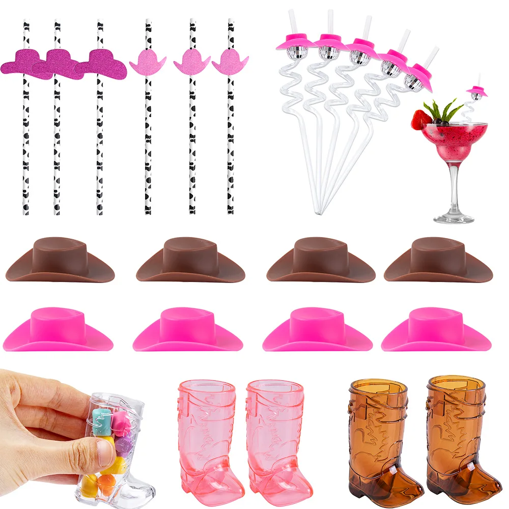 

Cowgirl Bachelorette Party Decorations Cowgirl Hat Straws Boot Shot Glass Pink Cowgirl Party Bridal Shower Wedding Decor