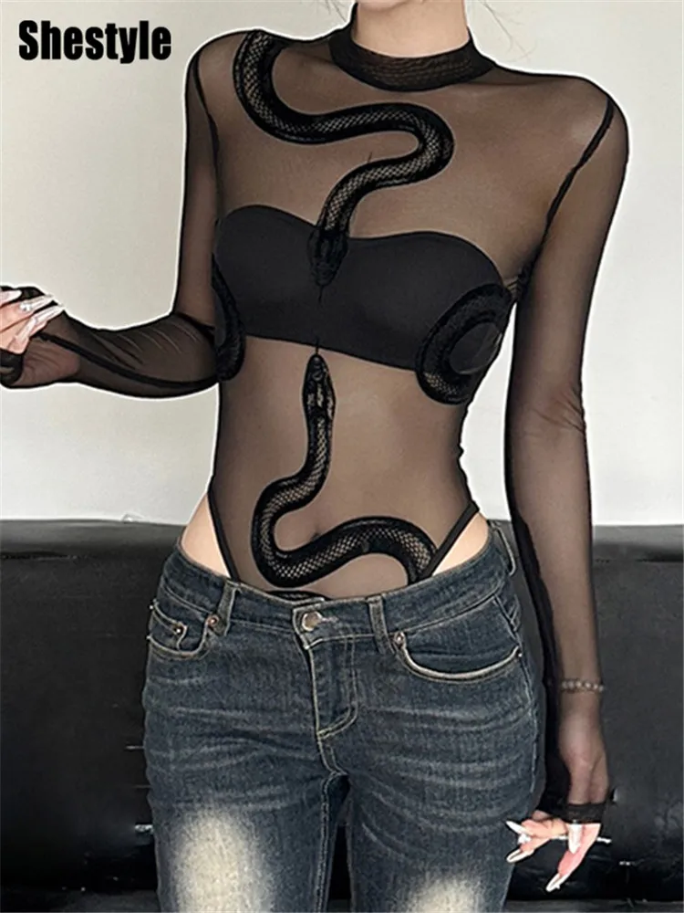 Shestyle Snake Print Black Mesh Bodysuits Women See-Through Long Sleeve Sheer Mock Neck Elegant Sexy Clubwear Thin Slim T-Shirt