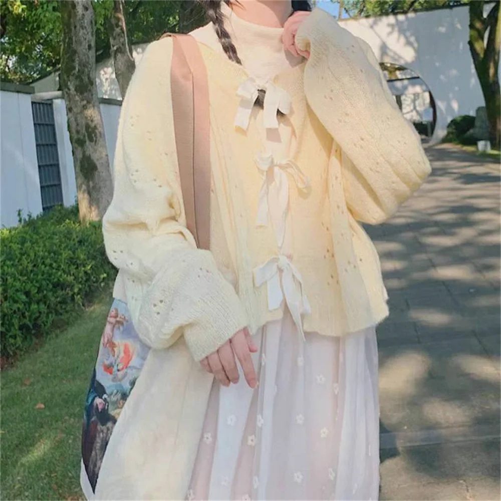 Hollow Tops Fall 2023 Light Yellow Cropped Cardigan Women Sweet Loose Lace Up Knitted Sweater Jackets Female Woman Clothing