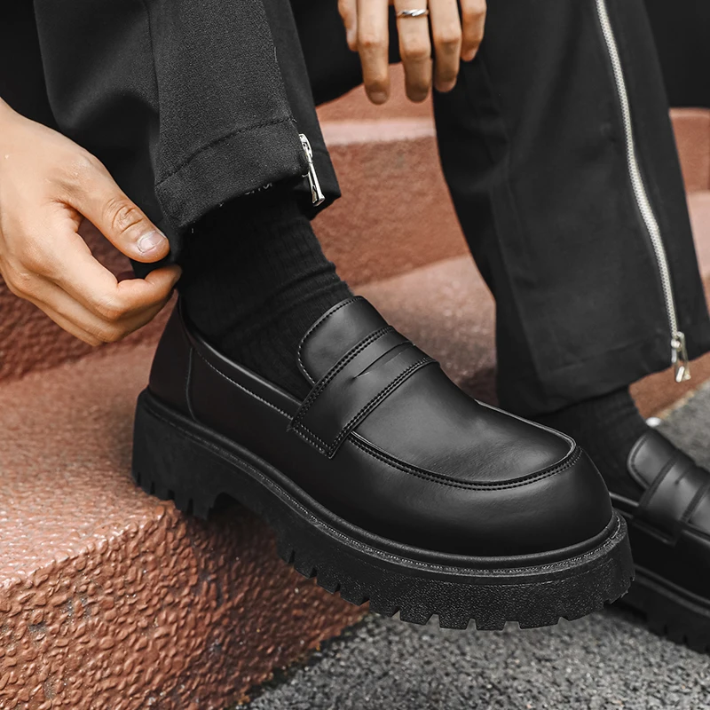 

Туфли мужские кожаные на толстой подошве, лоферы, деловые, Роскошные, без застежки, повседневная обувь в британском стиле, черные