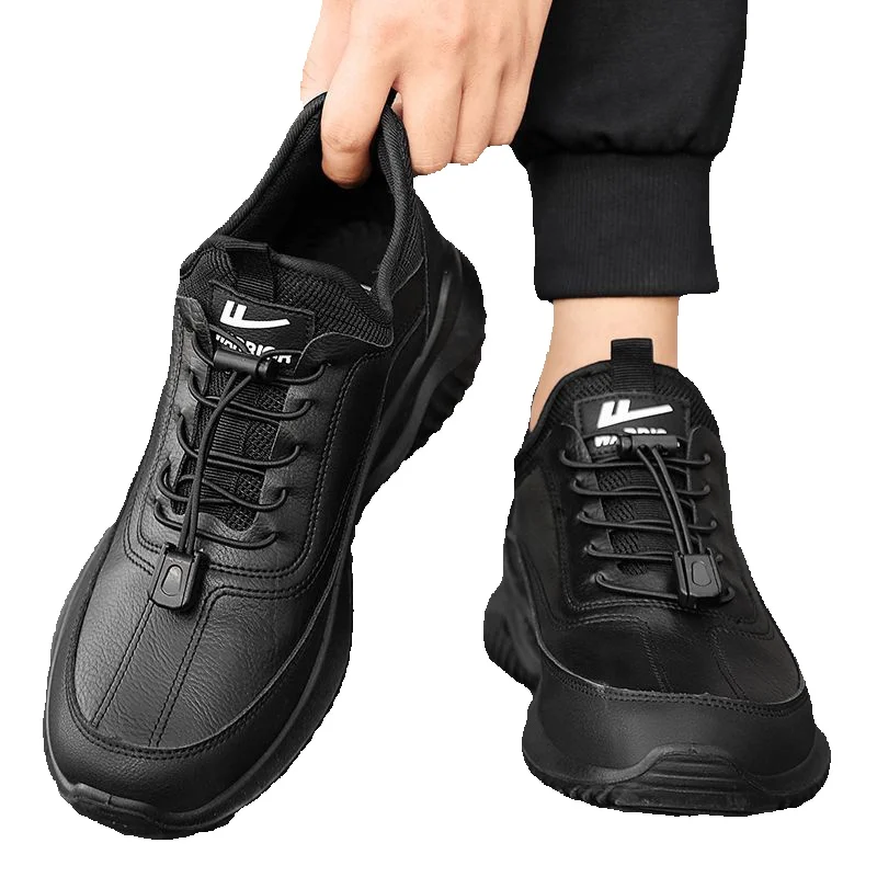 Huili Men's Casual Leather Shoes, 2026 Spring New Trendy Leather Waterproof Sneakers, Black Casual Shoes_vogvips.com