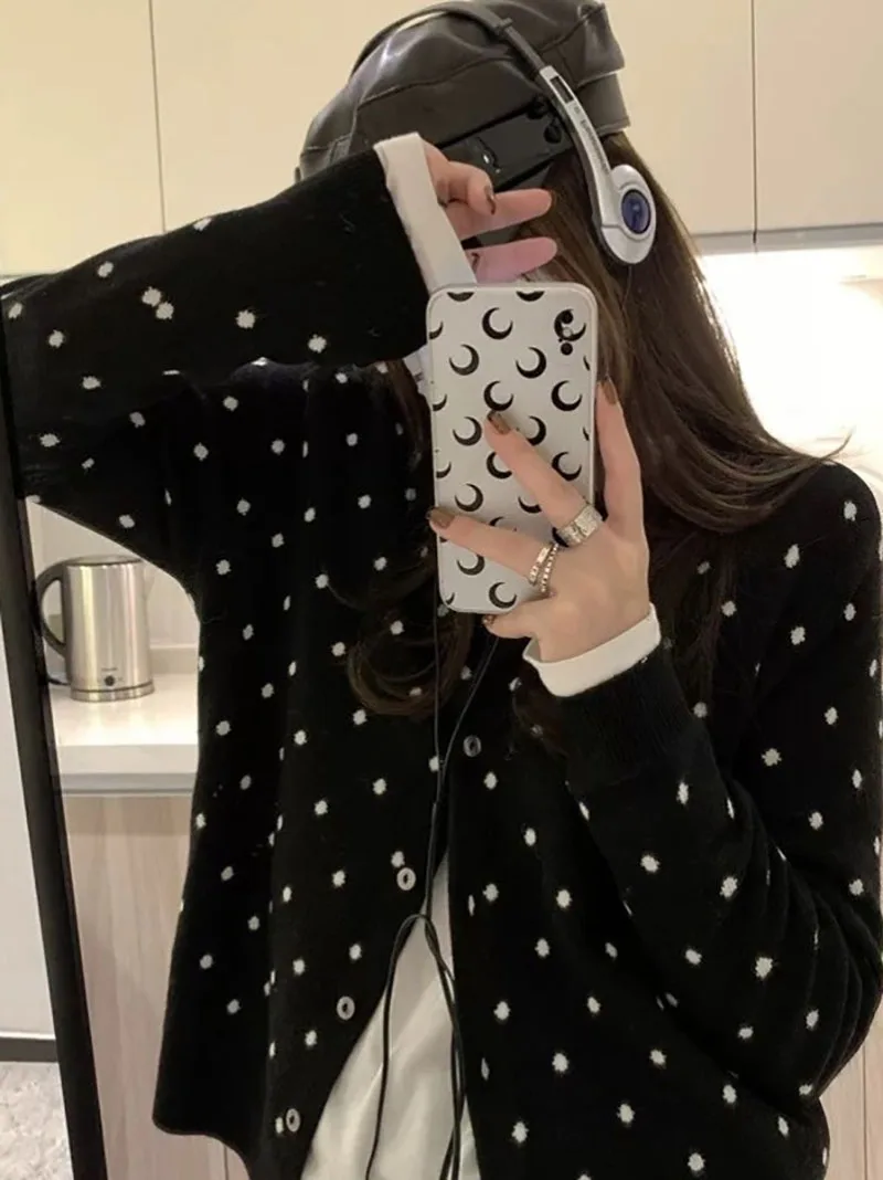 

Women Dot O-Neck Knitwear Long-Sleeved Single Breasted Cardigans Autumn Winter Korean Style Simple Loose Casual Knit Cardigans