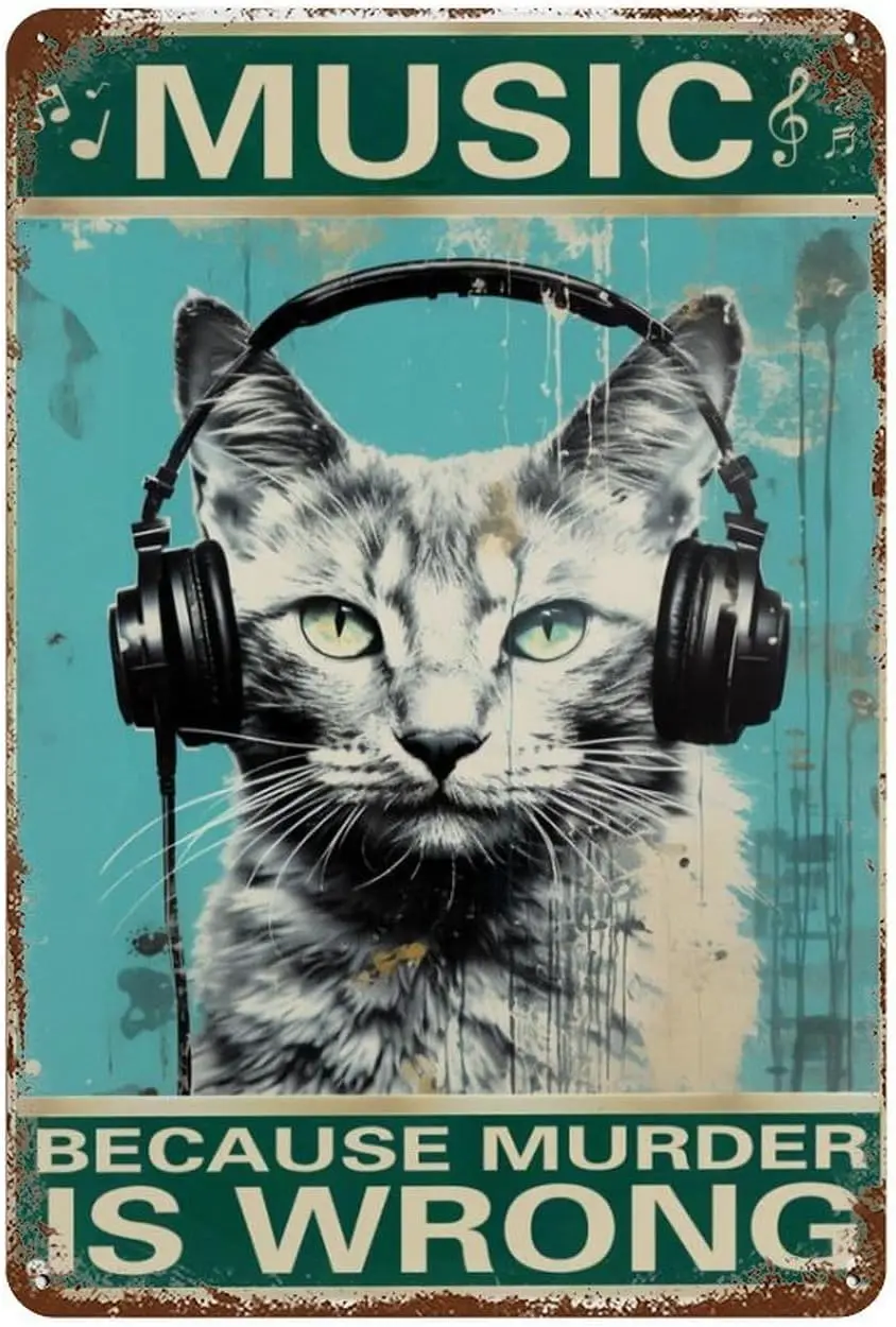 

Aluminium Metal Tin Sign Wall Decor Cat Music Because Murder Is Wrong Funny Home Cave Garage Bar Decoration Vintage S