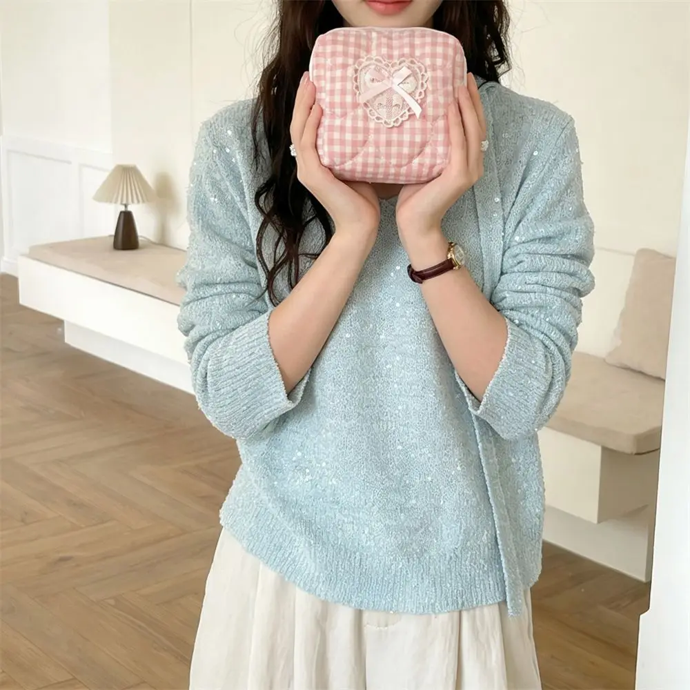 Quilted Portable Cosmetic Bag Lace Heart Bow Plaid Gingham Travel Toiletry Pouch Small Three-dimensional Bow Mini Makeup Pockets