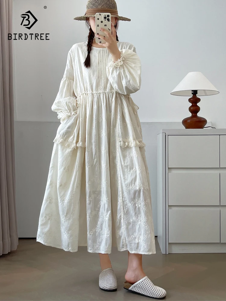 

Новое хлопковое платье с длинным рукавом на весну 2026 года, женское, с вышивкой и кружевом, в стиле Mori Girl, французская принцесса, свободное платье D61391CC