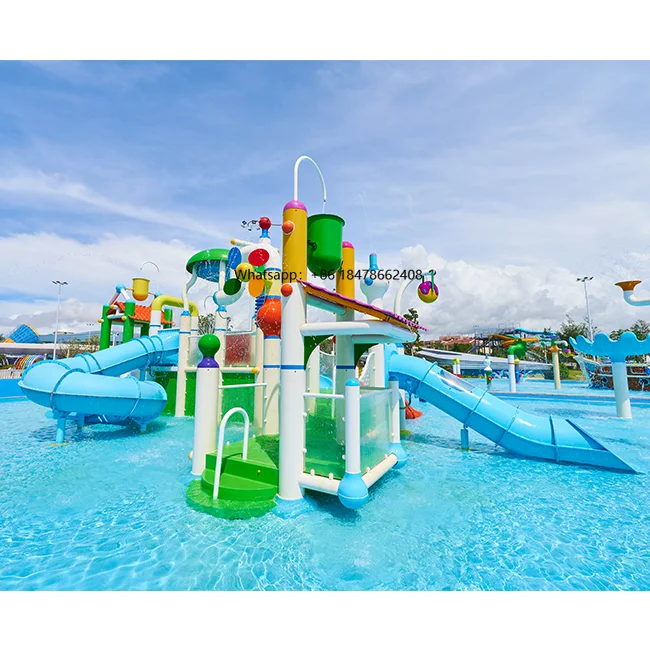 

Colorful Fiberglass Water Slides Included in Water Play Equipment for Kids Water House