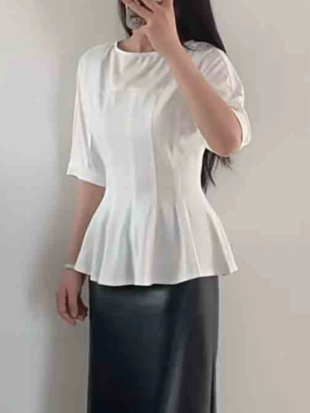 

Ice Silk Splice round Ne Loose Waist Slimming ort Sve T-irt Women's Sweet Sle Pure Color Polyester Fiber Summer Top