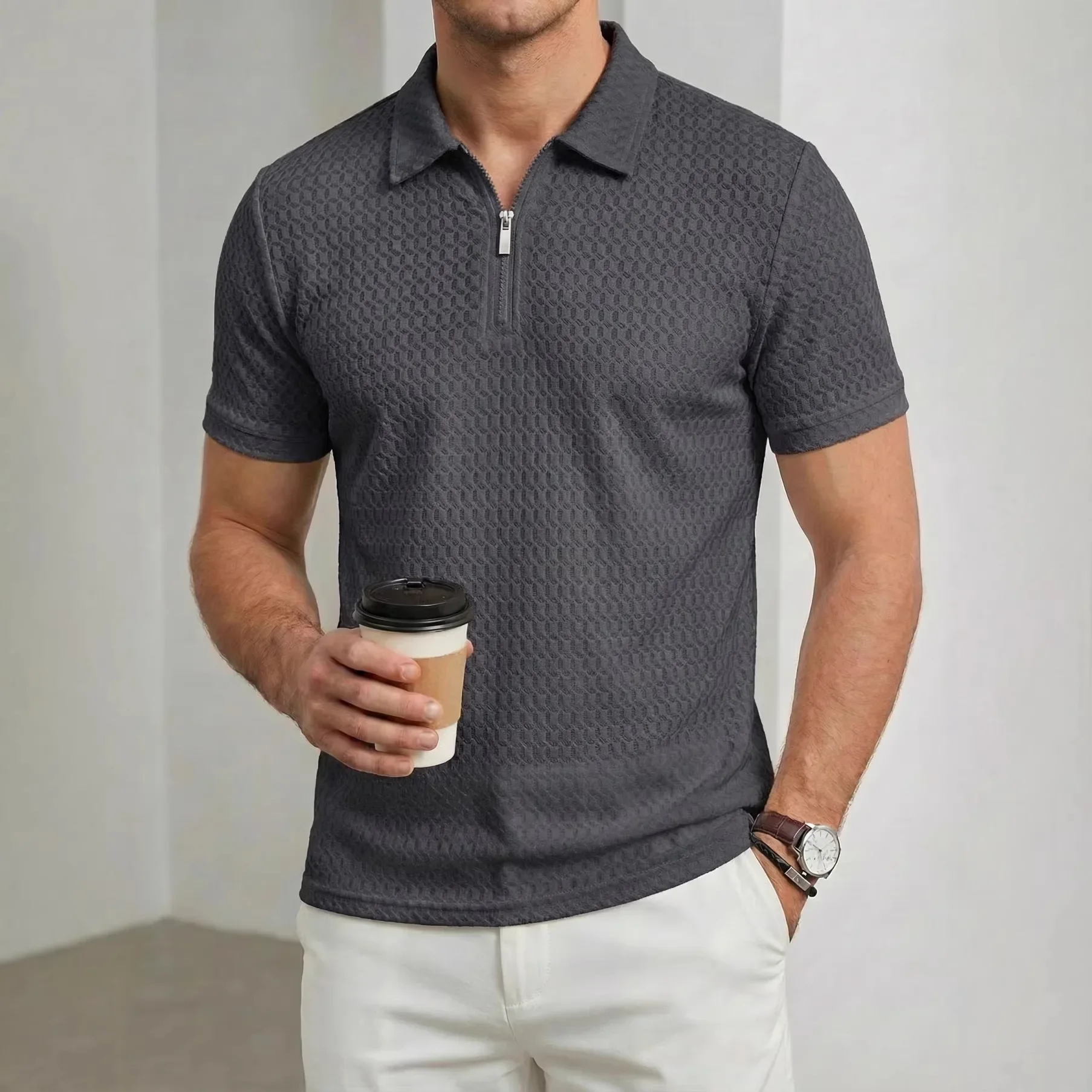 High-end Nylon Stretch Men's Lapel Zipper Short-sleeved Checkered Jacquard Casual Sports Golf Polo Shirt