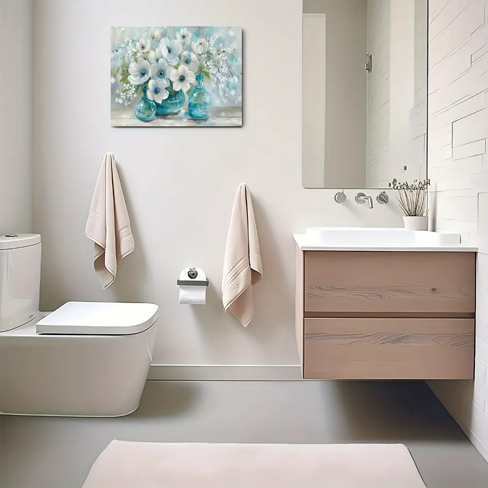 إطار من الصنوبر الصلب بسمك 1.5 بوصة مع زهور بيضاء في مزهرية، مناسب للديكور الداخلي