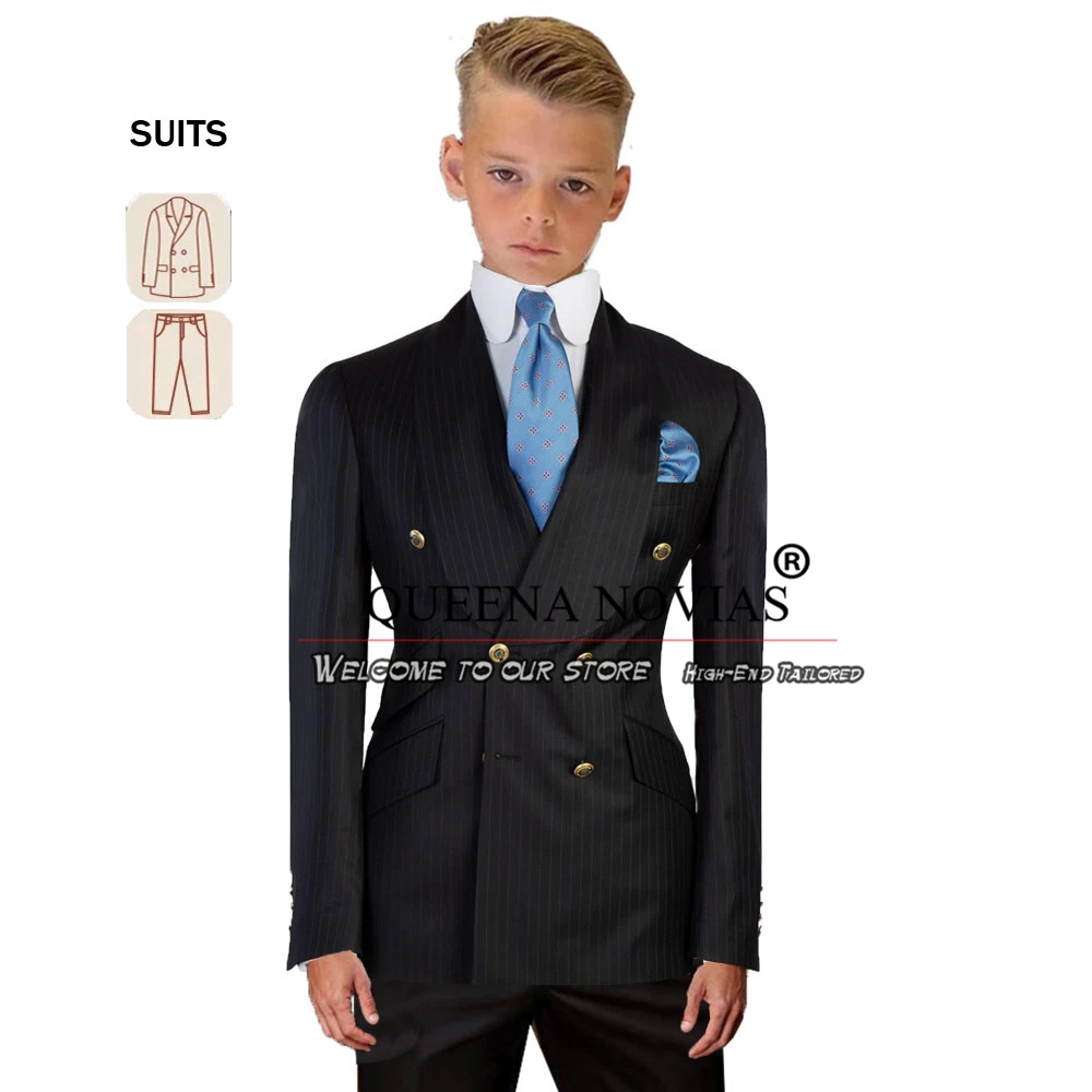 

Double Breasted Boy Suits Formal Party Striped Jacket Pants 2 Pieces Wedding Guest Tuxedo Tailored Children Dinner Clothing