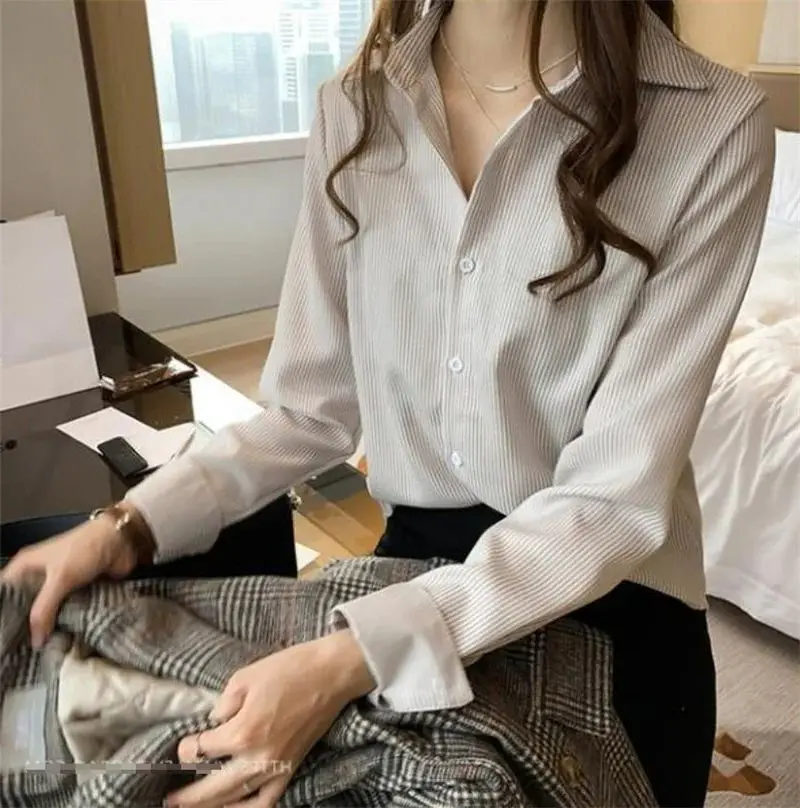 PLAZSON Classic Striped camisas Blouse Shirts for Women Spring Autumn blusas Polo-neck Long Sleeve Fashion Office Shirt Tops