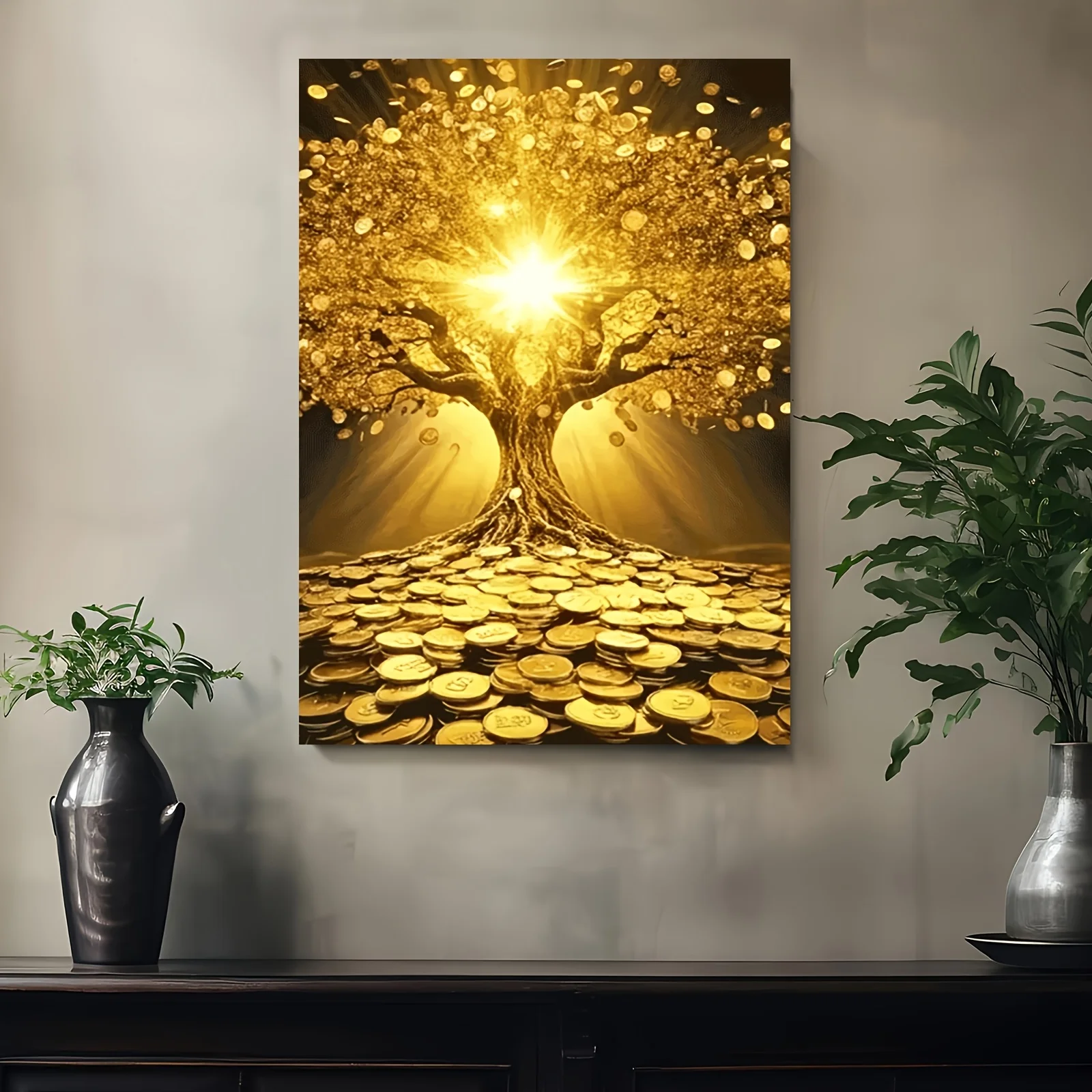 2D Flat, 2D Flat, 1pc Classic Canvas Wall Art, Tree of Life, Frameless, 30.48X45.72 cm, with Shimmering Coins And Radiant Lig