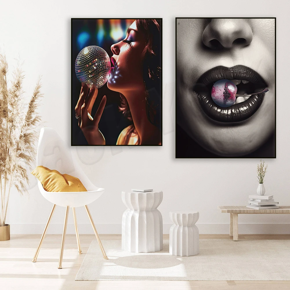 فن الكرز على شكل كرة ديسكو، كرز ديسكو أبيض وأسود، ملصق فني جداري عصري على شكل كرة ديسكو، ديكور غرفة جمالي حديث #3