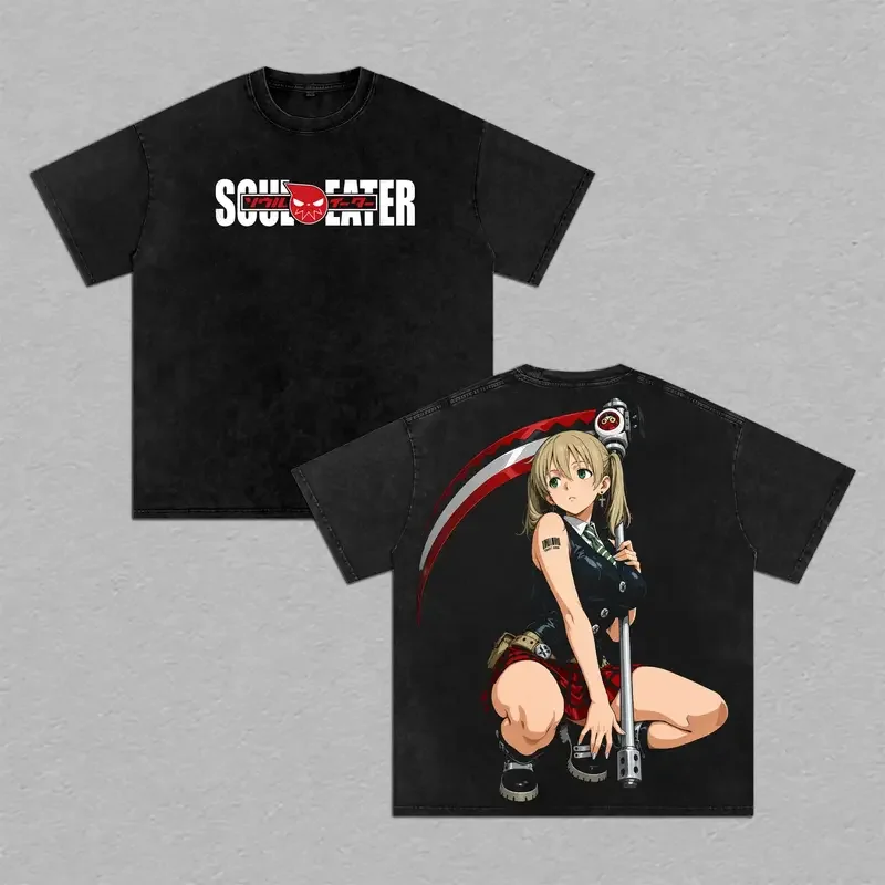 Soul Eater Maka Albarn Vintage Washed T Shirt Men Women Oversized Short Sleeve Big Back Maka Scythe Graphic Print Streetwear Top