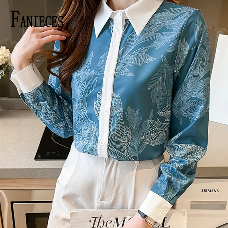 

FANIECES Elegant Slim Long Sleeve Office Ladies Print Blue Work Shirt Autumn Lapel Single-breasted Chiffon Blouse Casual Camisas