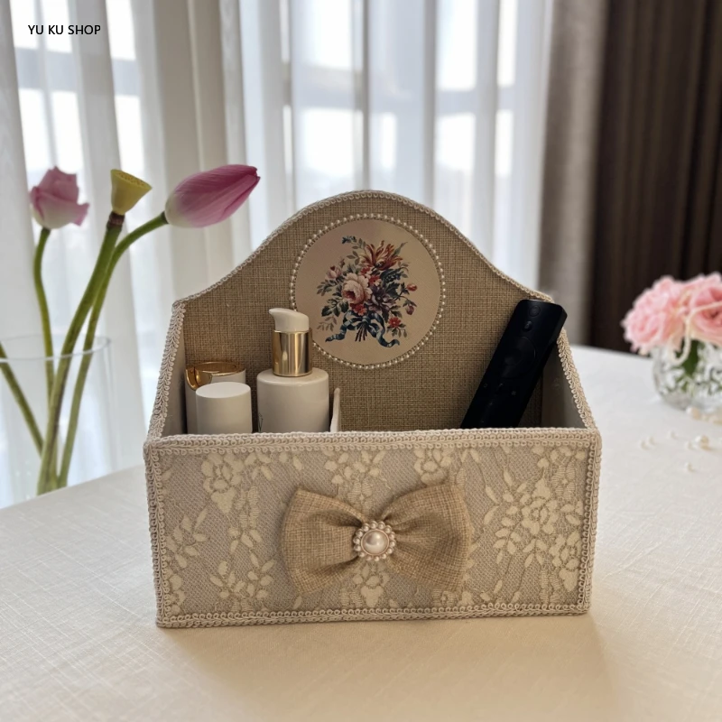 Khaki Embroidery Storage Box Lace Storage Basket Remote Control Sundries Cosmetics Division Basket Cloth Tissue Box Decoration