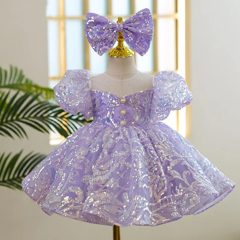 

Baby girls' dress for Kids Children 2026 Purple sequin princess tutu dresses infant 1st Birthday toddler Party Evening Ball Gown