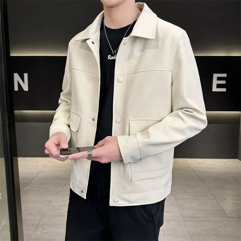 

Men's Motorcycle Leather Jacket with Snap Collar Spring Autumn Outerwear Trendy Design for Men Lightweight Warm