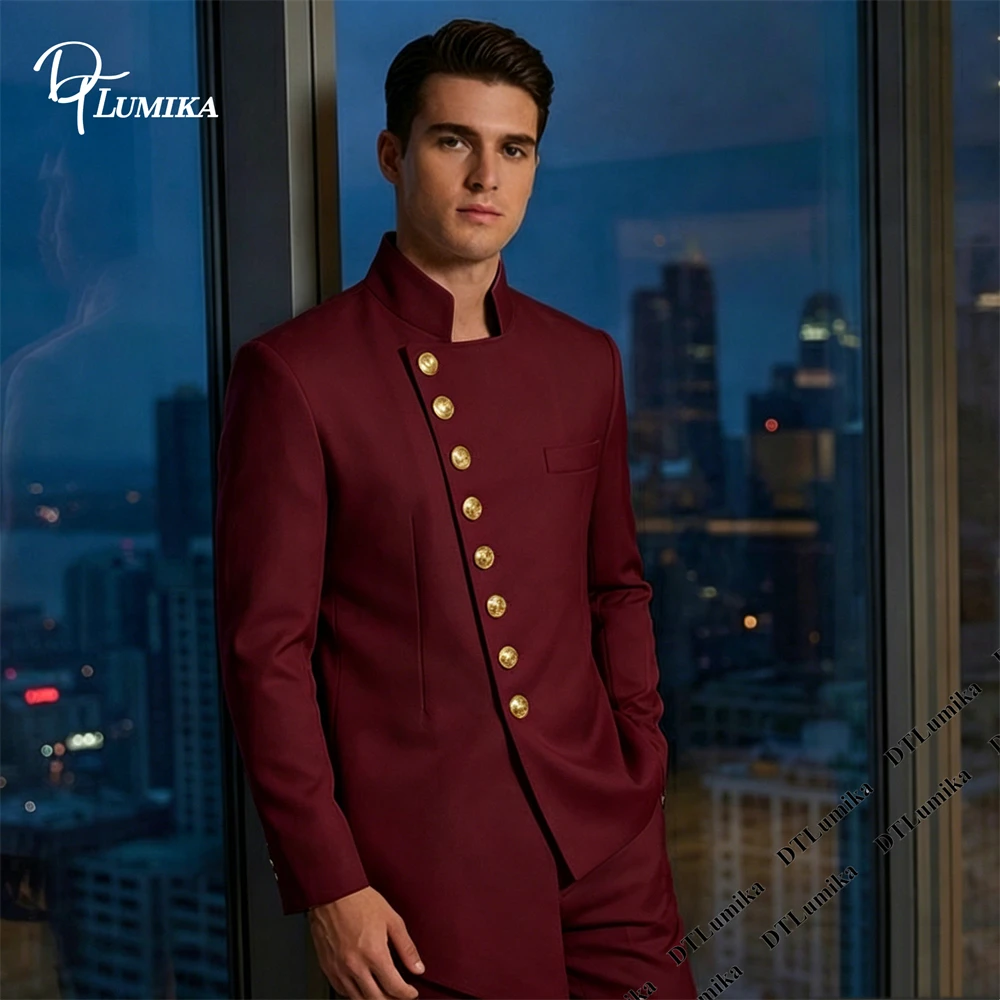 

Men's Formal 2-Piece Suit from XXS to 7XL Tailored Fit Stand Collar Jacket with Gold Buttons, Matching Pants Wedding Groom Suits