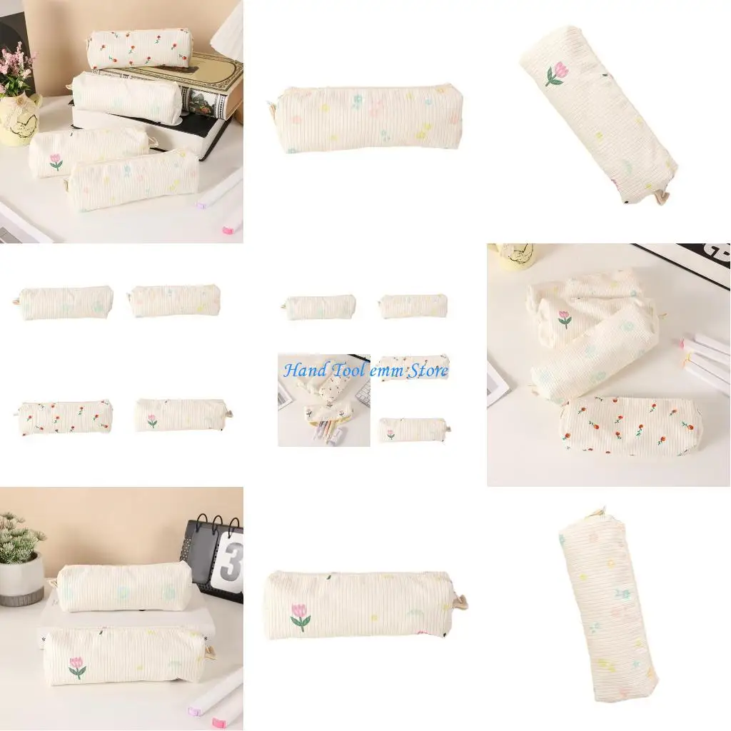 H37F Flower Print Pencil Bag Zippered Pen Case Corduroy Pencil Bag Corduroy Pen Pouches Pencil Bag for Student School