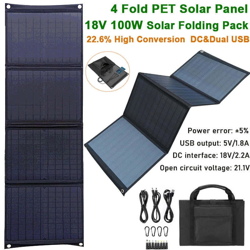 

Складная сумка с солнечной панелью, 100 Вт, двойной USB выход постоянного тока, солнечное зарядное устройство, портативное складное зарядное устройство с солнечной батареей, источник питания для пешего туризма, лагеря