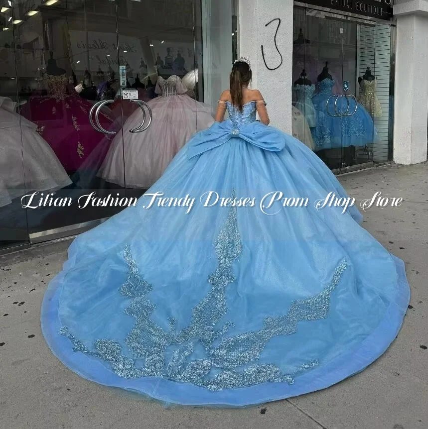 Sky Blue Sparkly Crystal Princess Quinceanera Dresses Luxury Crystal Off Shoulder Corset vestidos de 15 años quinceañeras Custom