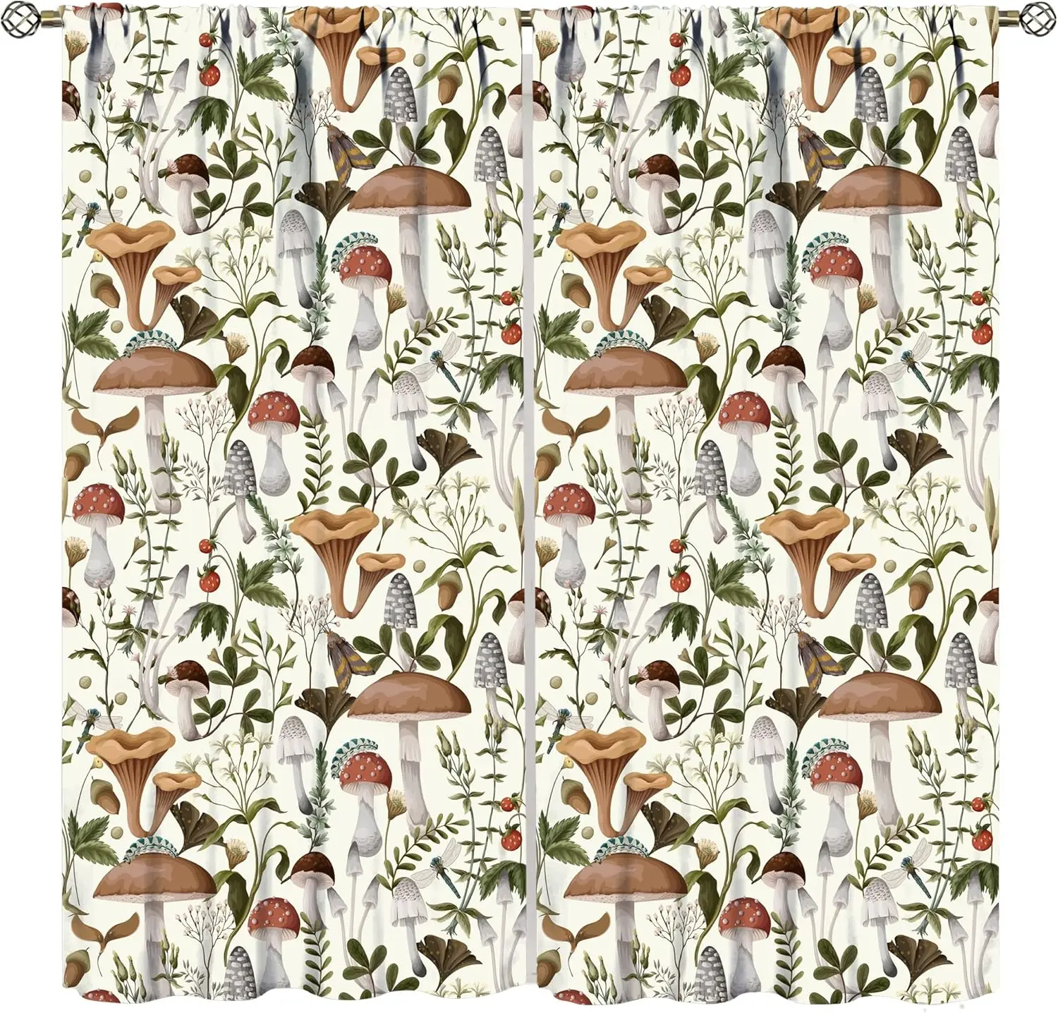 Vintage Mixed Mushroom Wild Plant Berry Dragonfly Blackout Rod Pocket Curtain Natural Fresh Elegant Bedroom Rest Bay Window