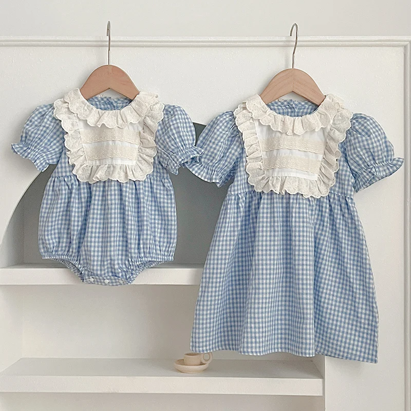 

2024 New Summer Sister Clothing Baby Girl Party Dress Short Sleeved Cotton Plaid Splicing Kids Princess Dress Infant Jumpsuit