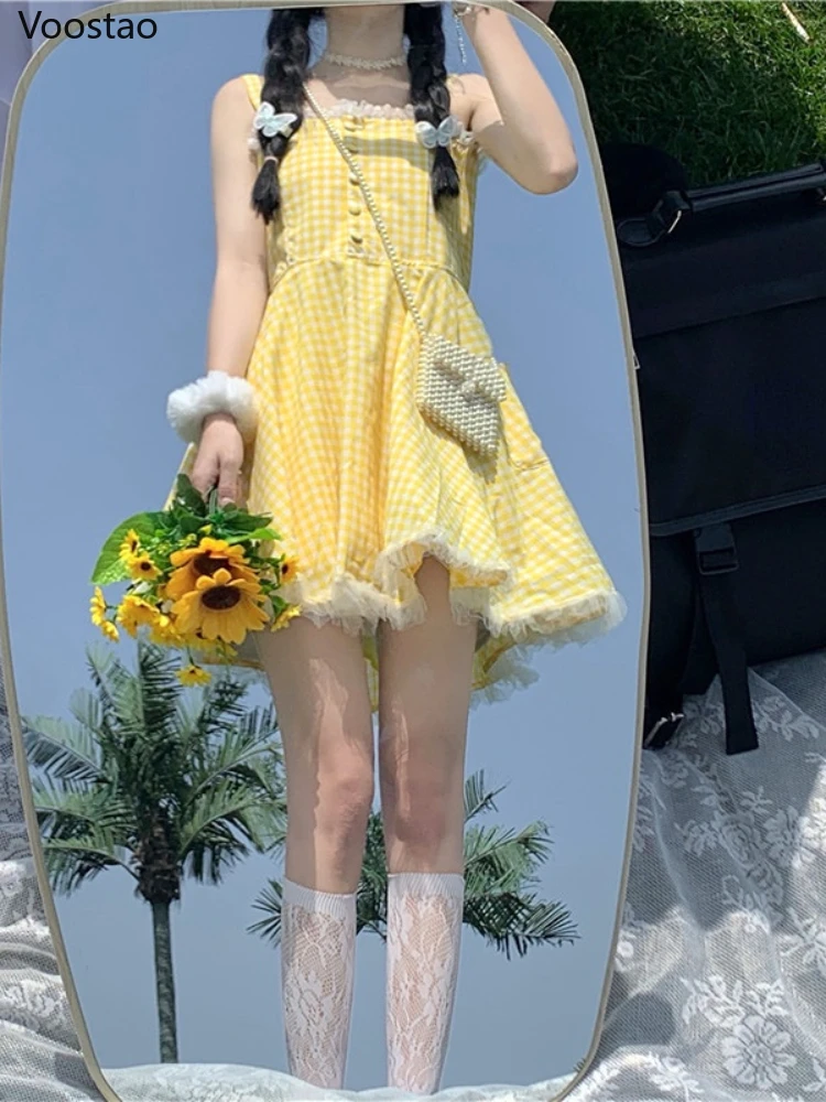 Japanese Sweet Cute Lolita Strap Dress Summer Women Kawaii Lace Yellow Plaid Mini Dresses Girly Harajuku Chic Holiday Vestidos