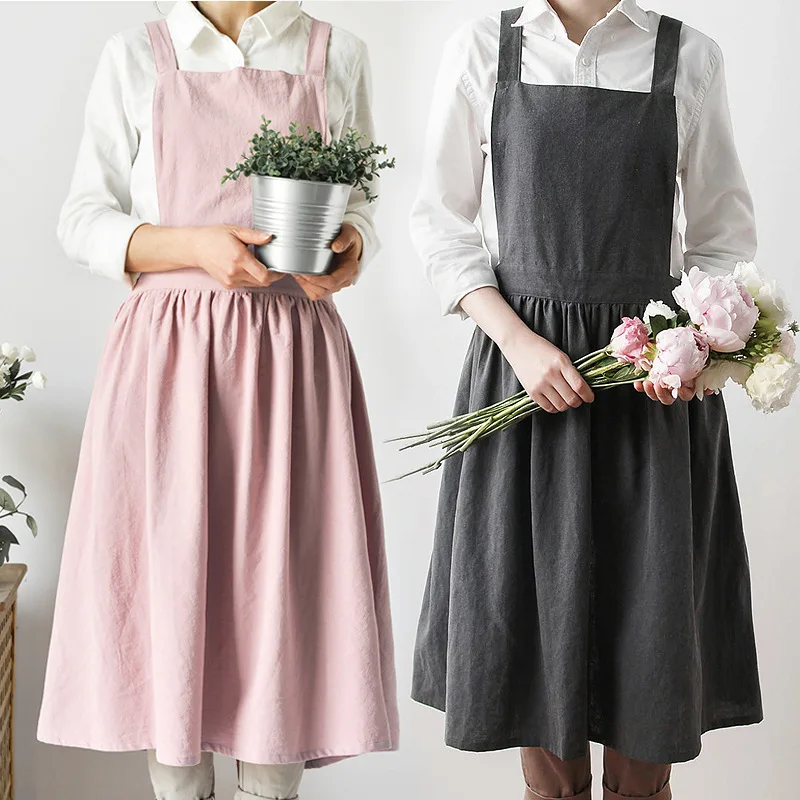 Japanese Simple Cotton Apron Women's Solid Color Apron with Pockets Cafe Flower Shop Baking Ceramic Cleaning Apron