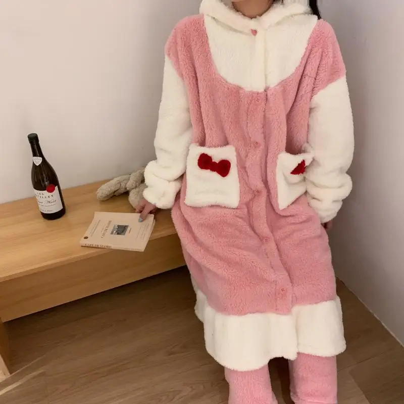 Hot Miniso Thickening Hooded Robe Trousers Suit Kawaii Hello Kitty Comic Fashion Student Go Out Keep Warm Pajamas Leisure Wear