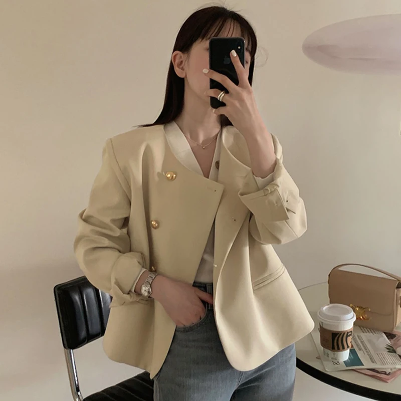 ชุดสูทลำลองทรงหลวม แขนยาว สีเหลืองอ่อน กระดุมเดี่ยว ผ้าเนื้อนุ่ม สไตล์ชิค สำหรับผู้หญิง