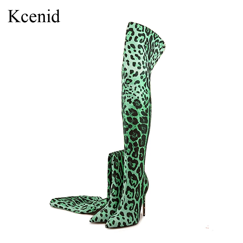 

Kcenid Pointed Toe Shoes Women Over The Knee High Boots Sexy Leopard Back Zipper Women's boots Trendy Stiletto Thigh High Boots