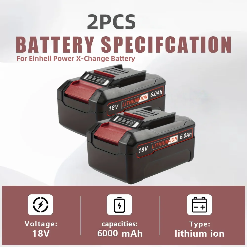 Image of 2 Stück 18 V 6,0 Ah Akku mit hoher Kapazität für Einhell X-Change Tools, kompatibel mit 4511396 4511437neu PXBP-600 Akku-Elektrowerkzeugen
