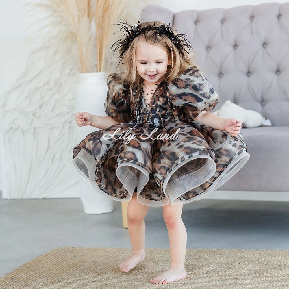 

Модное сетчатое платье с леопардовым принтом для девочек с объемными рукавами, красивые многослойные тюлевые платья с v-образным вырезом и бисером, детские платья для дня рождения