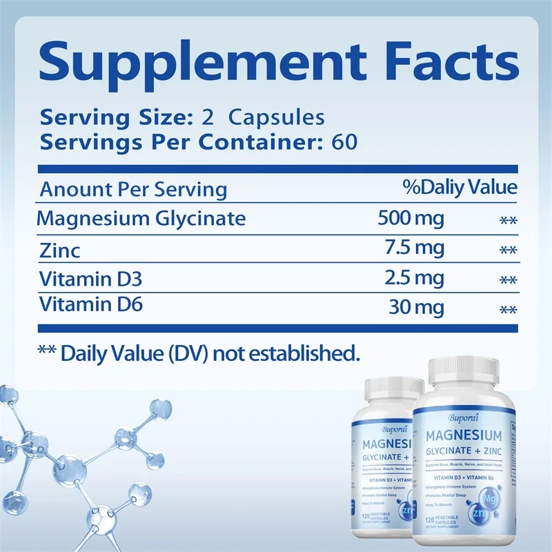 Magnesium Glycinate + Zinc Supplement Capsules, High Absorption, Support Sleep Health, Bone Joint, Brain, Strengthen Immune