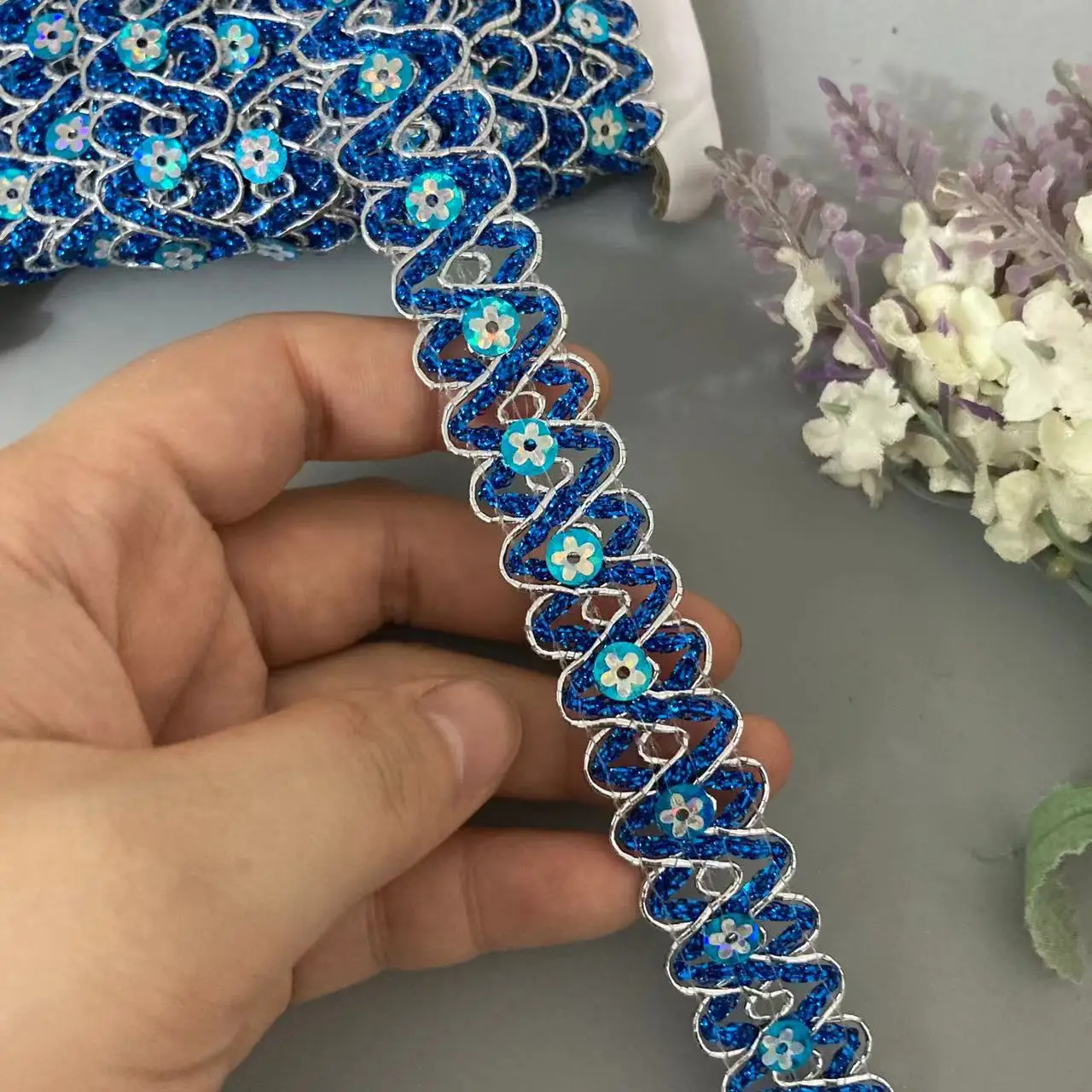 1 Meters Sky Blue Sequin Wave Gold Glitter Lace Trims Filigree S-Shaped Bead Webbing Dance Craft Accessories 1.8cm Sewing