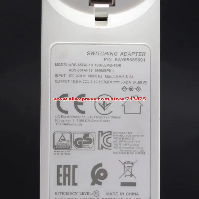 EU Plug ADS-65FAI-19 19065EPG-1 ADS-65FAI-19 19065EPK-1 AC Adapter 19V 3.42A 64.98W 6.5X4.4mm EAY65689601 EAY65689602 27GL850-B
