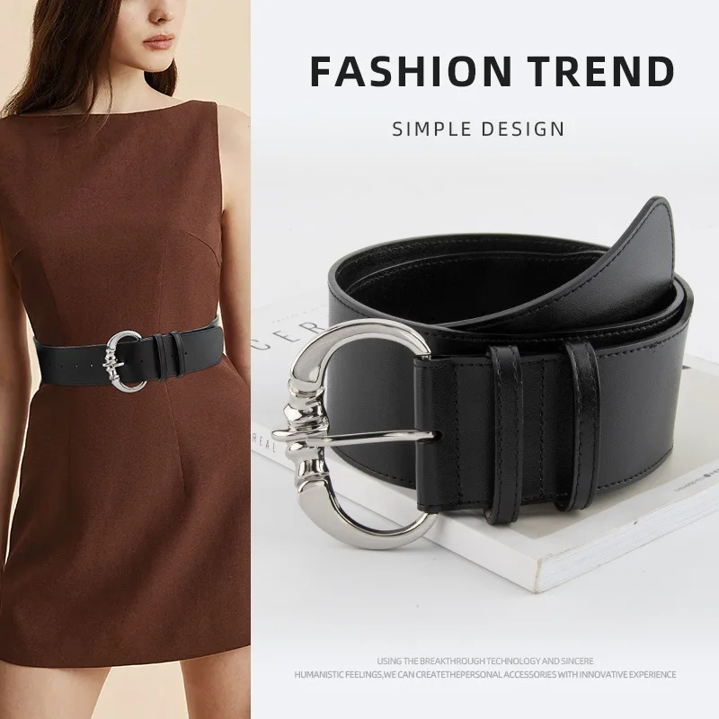 Fashion waistband for women's decorative dresses, wide waist belt, commuting fashion trendy alloy pin buckle women's belt