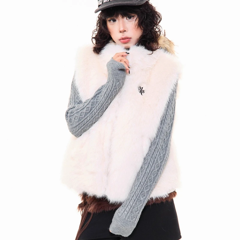 الفرنسية الرجعية الأبيض البولكا نقطة فو الفراء عكسها المرأة صدرية 2025 الخريف الشتاء جديد الحلو كول تنوعا سترة دافئة السيدات #2