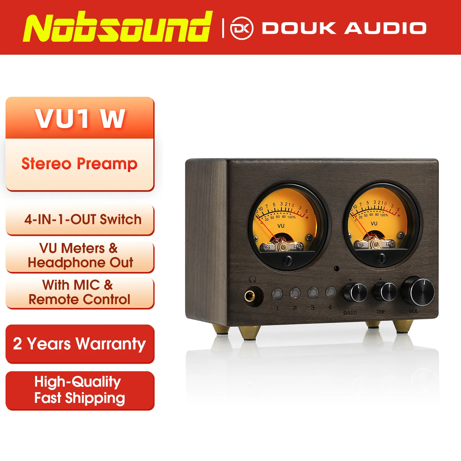 Nobsound VU1-W 4-IN-1-OUT محدد الصوت 4-way Stere Switcher Home Preamp VU Meter مع جهاز التحكم عن بعد