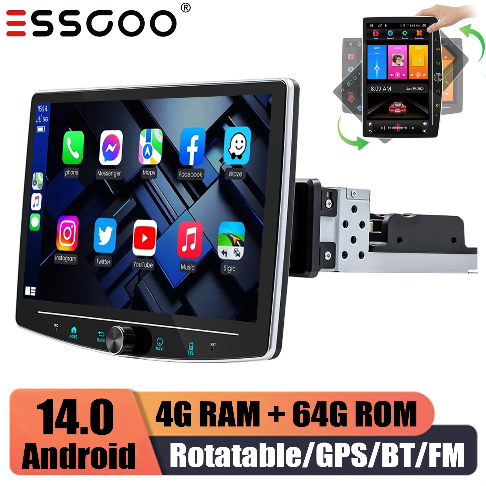 

ESSGOO Single 1 Din Android 14.0 Rotatable 10.1" Apple Carplay Car Stereo Radio Player GPS Navi WIFI Wireless Android Auto FM BT