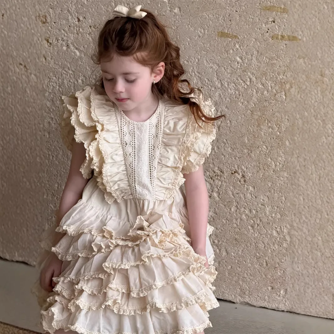 2026 Spring Summer Flying Sleeve Lotus Leaf Edge Layered Cake Cotton Dress for Girls Lace Forest Style Vintage Birthday Dress